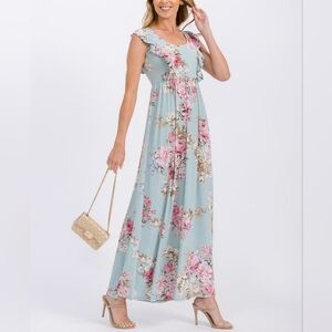 Floral Scoop Neck Maxi Dress in Blue and Pink Medium